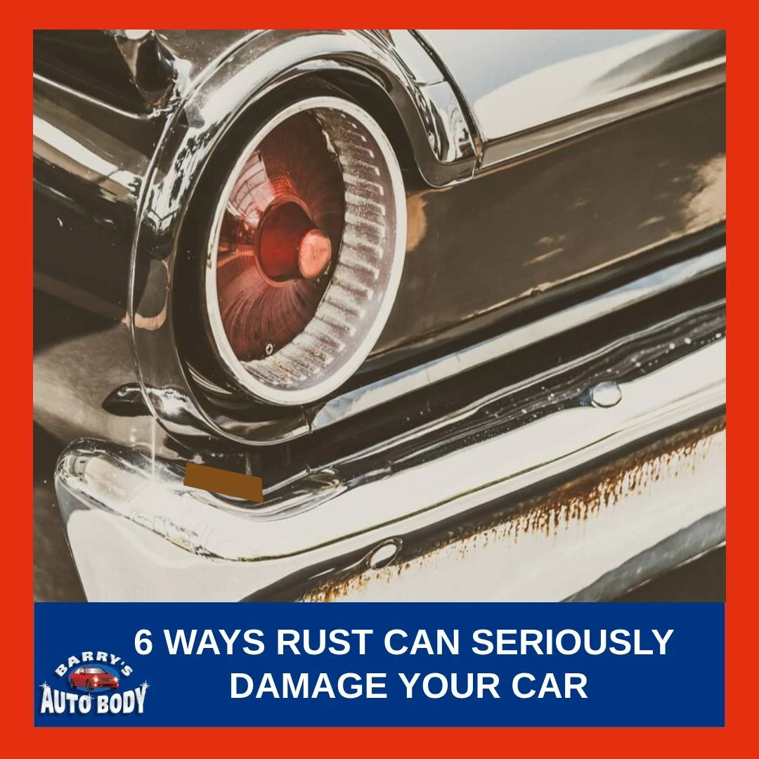 Close-up of severe rust damage on a car's front bumper showing corroded metal and peeling paint, highlighting the importance of rust prevention.