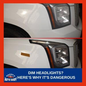 Close-up of car headlights appearing dim and foggy and how it looks after restoration