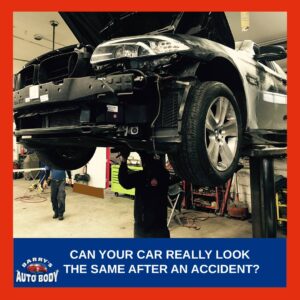 Auto body technician inspecting a repaired car panel after accident repair to check paint match and alignment