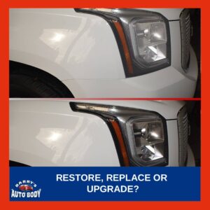 Technician restoring a cloudy car headlight to improve clarity and nighttime visibility.