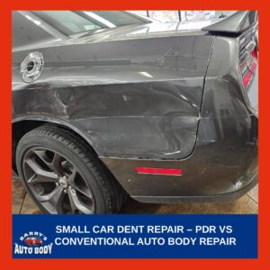 Small dent on a car body panel being inspected to determine whether paintless dent repair or conventional auto body repair is needed.